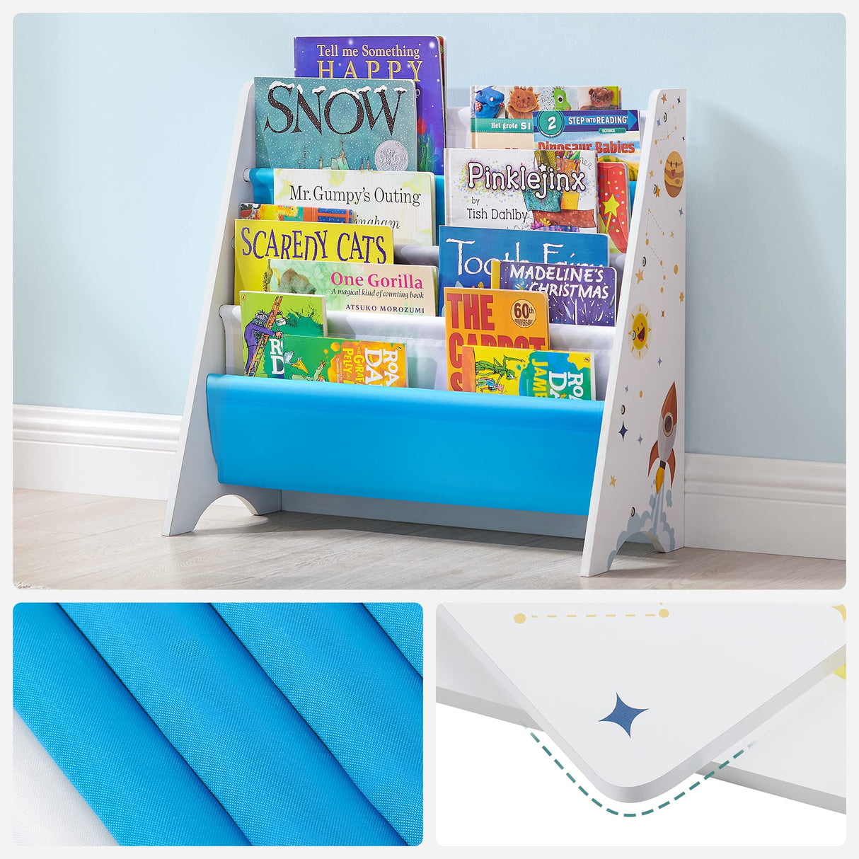 SONGMICS Kids’ Bookcase, Book Organizer, with Anti-Tip Kit, Storage Shelf for Children's Room, Playroom, School, Space-Saving Design, White, Blue and Gray UGKR72WT 11D x 24.6W x 23.6H in SONGMICS