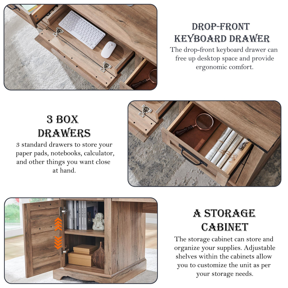 RedLemon 60" Farmhouse Executive Desk with Drawers, Wood Home Office Desk w/Charging Station, Keyboard Tray, File Drawer, Storage Cabinet, Rustic Computer Writing Desk (Natural Oak) RedLemon