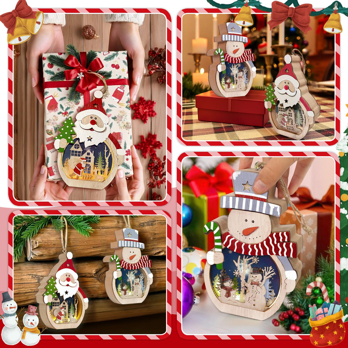 OurWarm 2 Pcs Wooden Christmas Ornaments, LED Luminous Wood Christmas Decor Snowman Santa Claus Christmas Tree Hanging Ornaments, Table Hotel Window Display, Crafts Gifts for Xmas Party Decor OurWarm