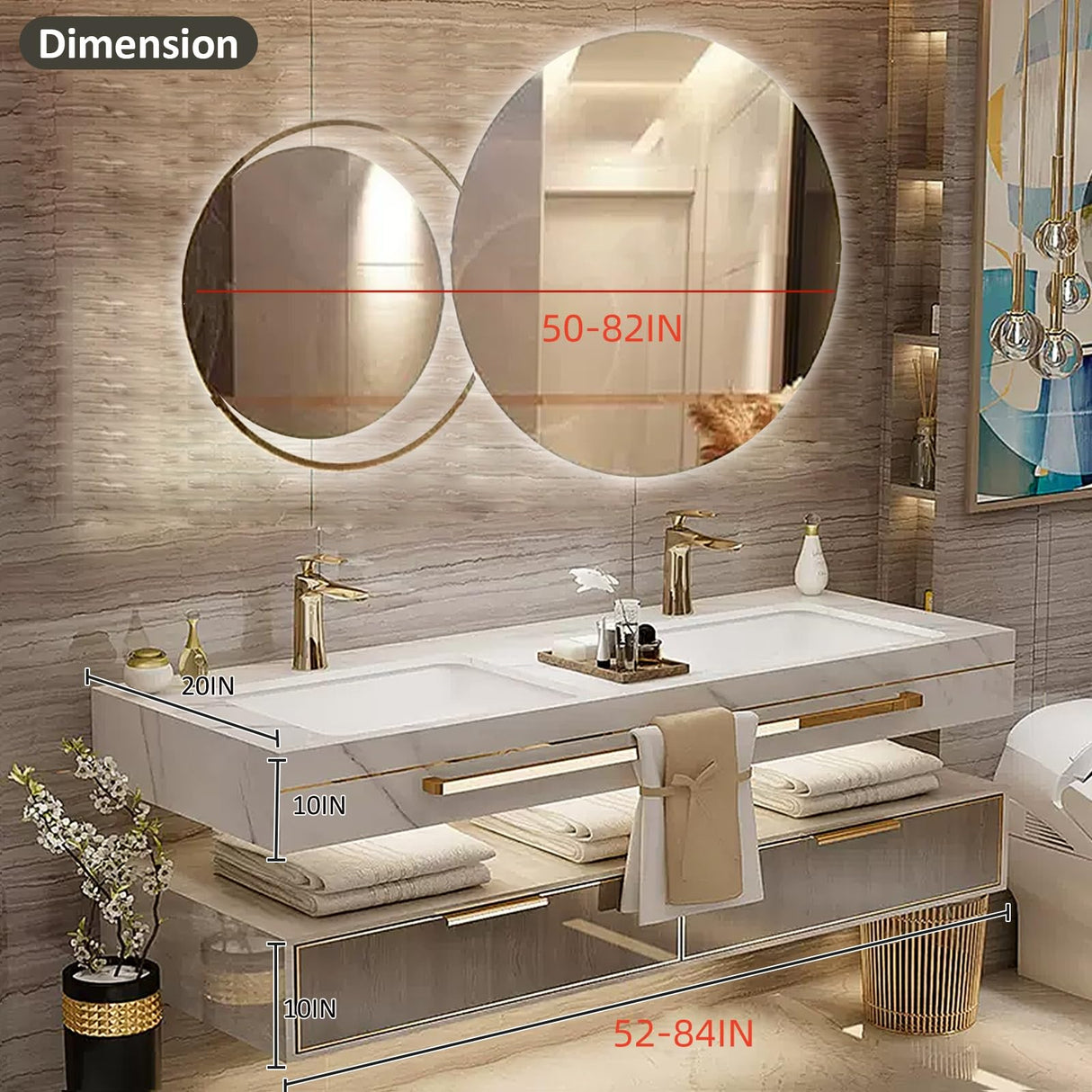 NAIROLET Bathroom Vanities with Sink - Double Wall Mouted Cabinet Towel Hanging & Led Light & Defogging Mirror | Gold Modern Metal Luxury Style Wood Freestanding Bathroom Vanities (84'') NAIROLET