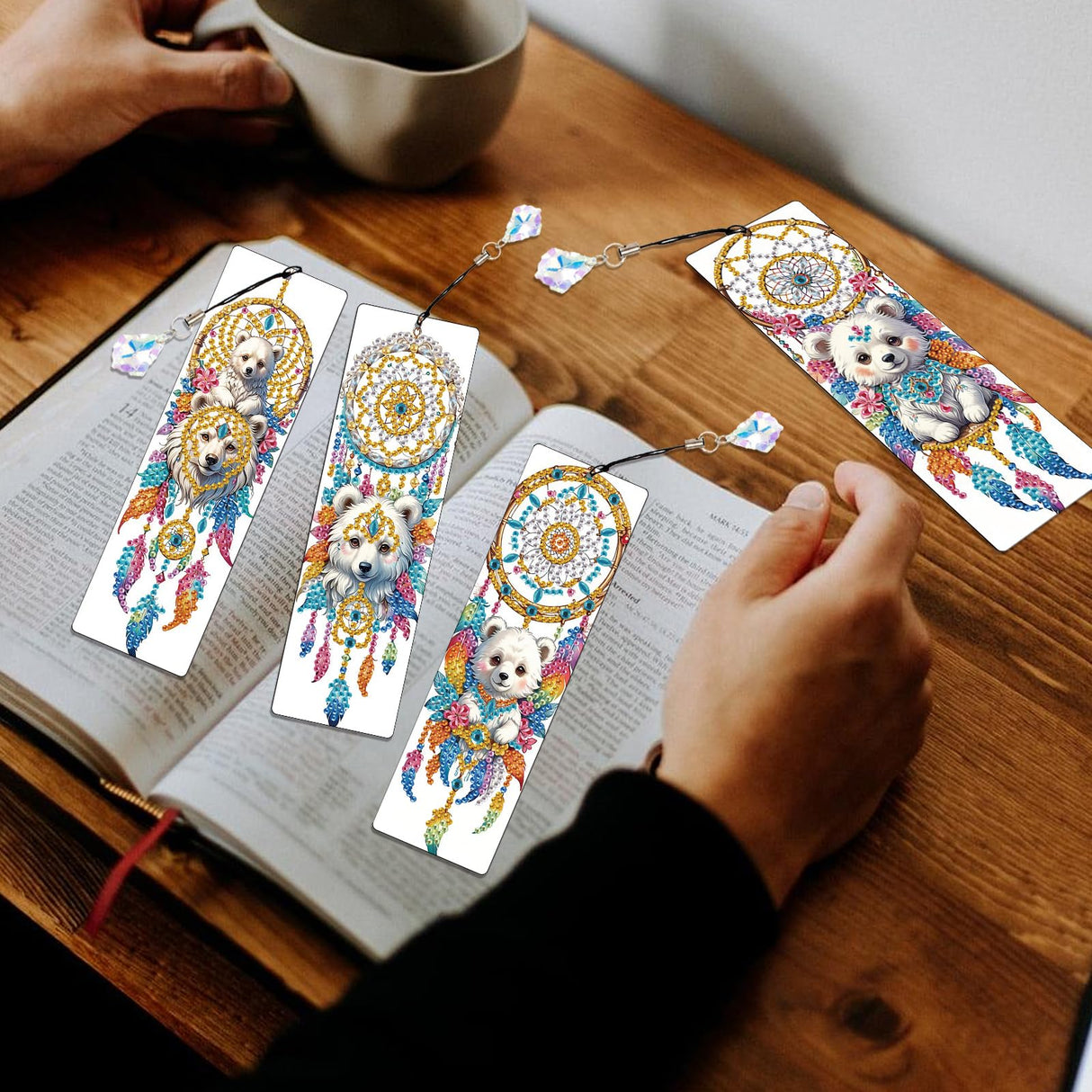 4 Pcs Diamond Painting Bookmarks, White Bear and Lion Dreamcatcher DIY Diamond Art Kits for Adults, Rhinestone Drill Crafts Bookmarks with Tassel for Graduation Birthday Gifts AiYuanzsh