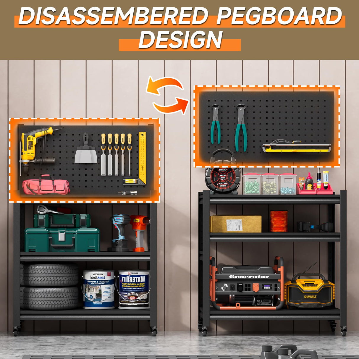 TOPASS WorkBench with Pegboard, Adjustable Heavy Duty Work Table with Wheels, Heavy Duty Workstation, Metal Tool Work Bench for Garage Warehouse Workshop, 48" H x 18" D x 34" W(with Pegboard) Topass