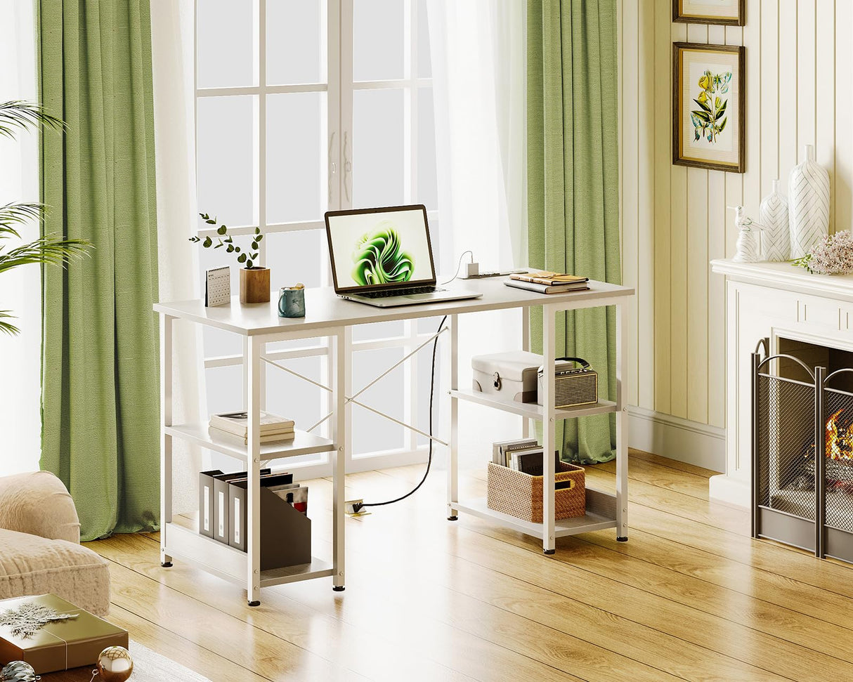 AODK 40 Inch Small Writing Desk with Power Outlets & USB Charging Port, Computer Desk for Small Spaces Home Office, Student Laptop PC Desks with Storage Shelves, Kids Desk, White AODK