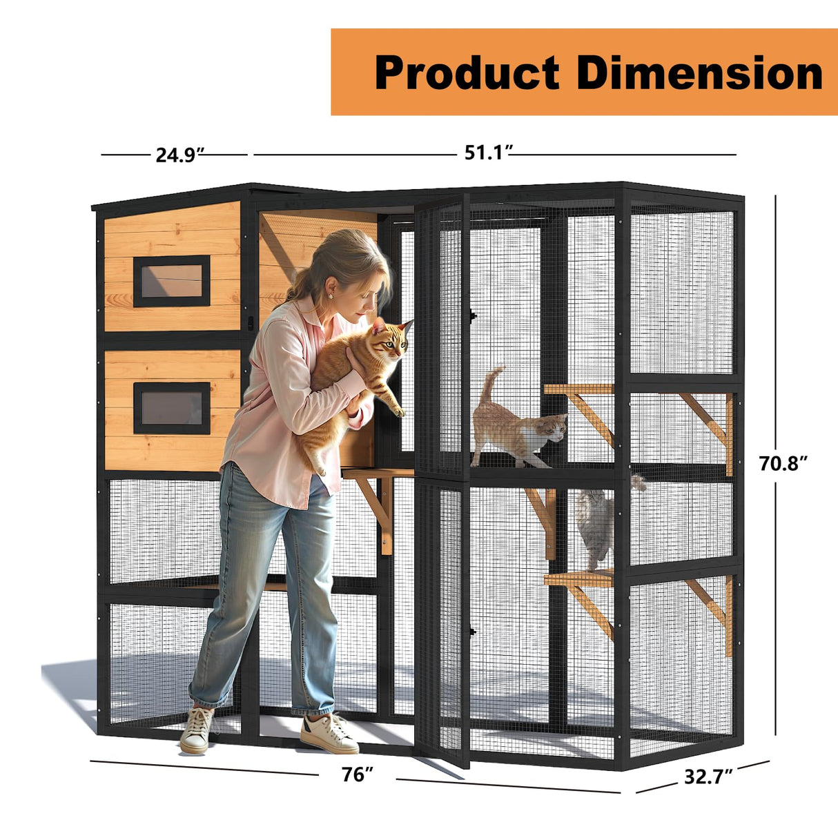 TIMHAKA Large Indoor Cat Catio, 4 Tier Outdoor Cat Enclosures House for Cats with Waterroof Roof, 3 Resting Rooms, 3 Platforms, Cats Catio Connect to Window with 2 Large Door, Feral Pet Shelter, Black TIMHAKA