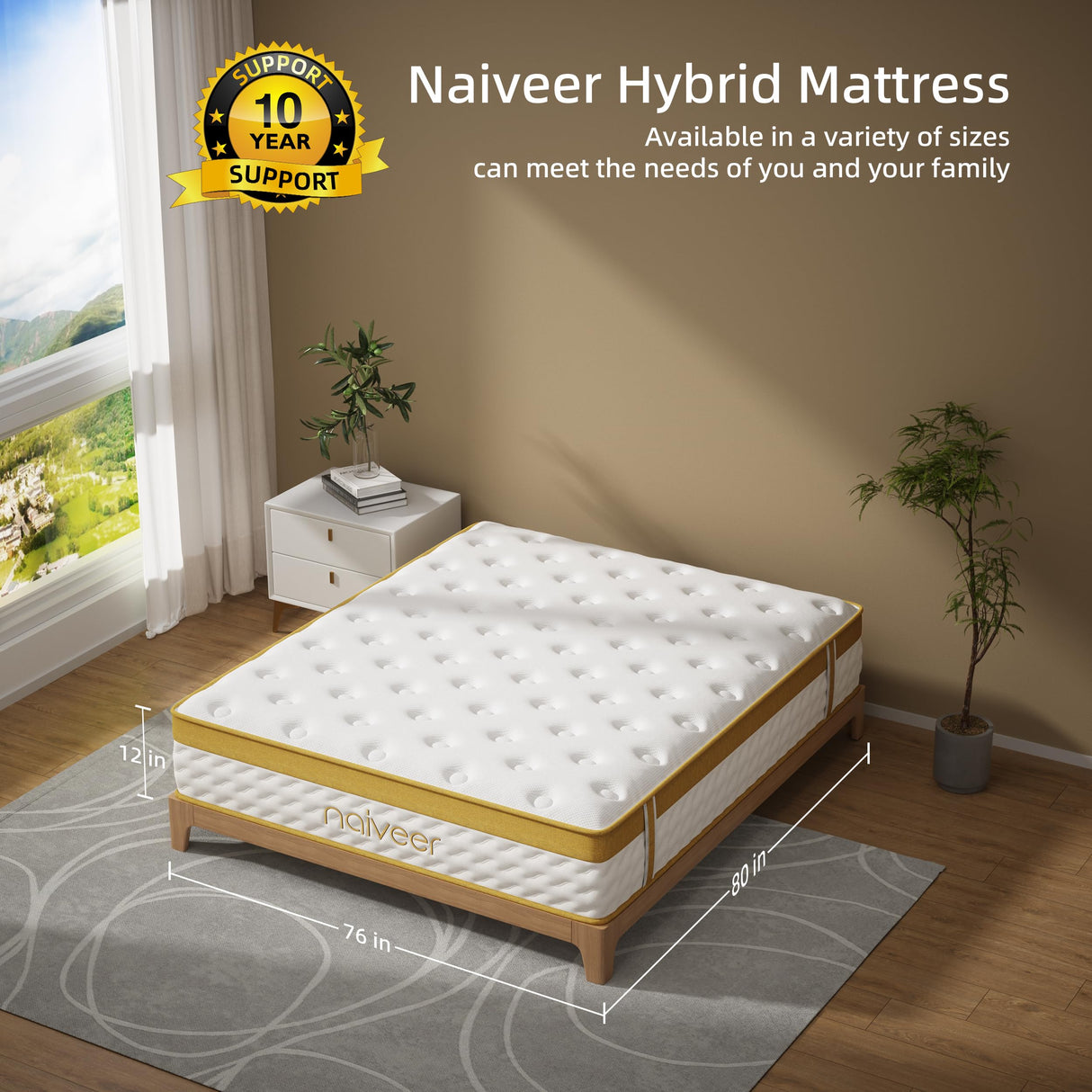 Naiveer Cooling Gel Memory Foam Hybrid Mattress, 12 Inch King Size Mattress in A Box with Pocket Springs for Back Pain & Pressure Relief, Medium Firm Feeling with CertiPUR-US Certified Foam Naiveer