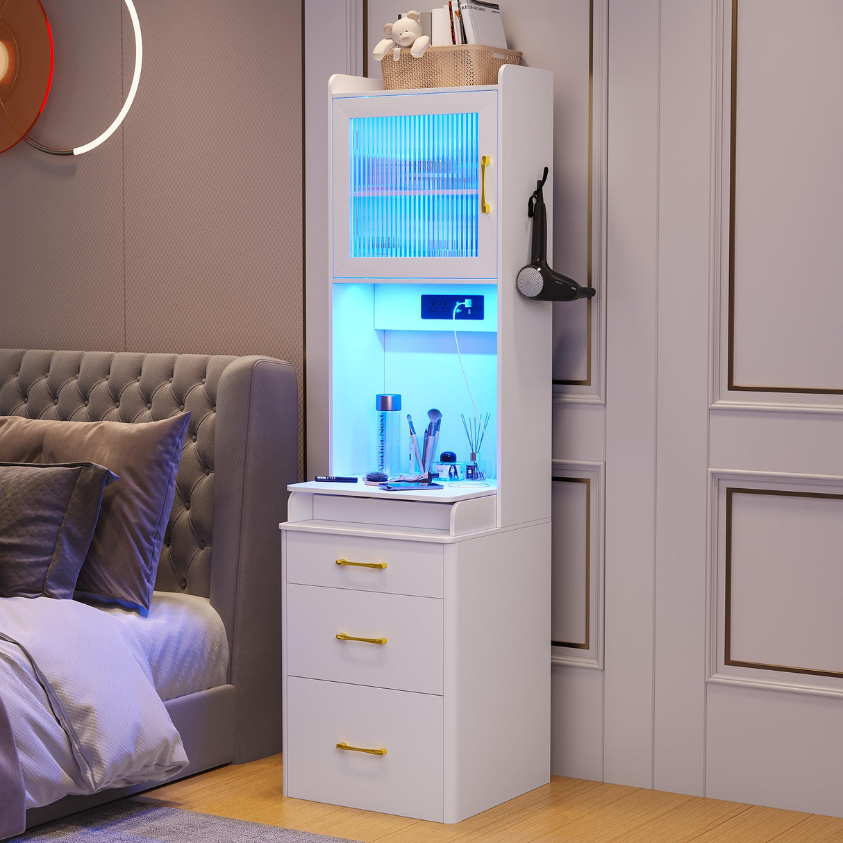 WOOVIVS Small Vanity Desk with Plip-up Mirror and Lights, Makeup Vanity Dresser with Charging Station, LED Vanities Dressing Table Set with Drawers&Stool for Bedroom,Checkroom (White,1PCS) WOOVIVS