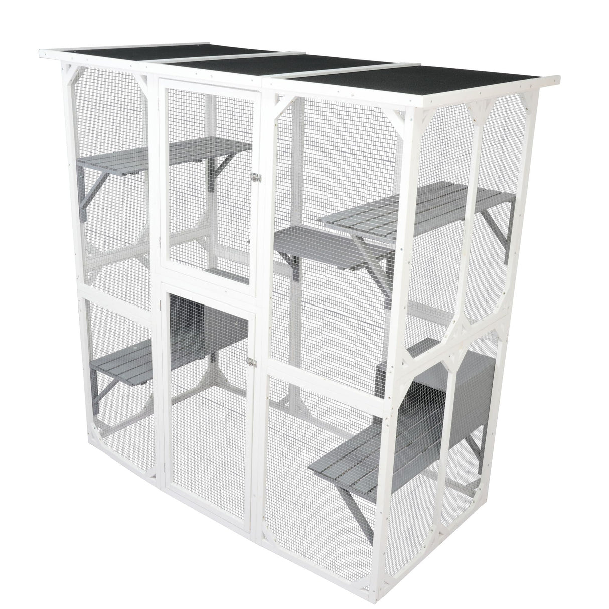 Catio Outdoor Wooden Cat Enclosure, 71" Outdoor Cat House Weatherproof Asphalt Roof, Large Solid Wood Cat Cage with 5 Jumping Platforms & 2 Napping Houses, Walk-in Cat Kennel Condo Shelter White ShiningLove