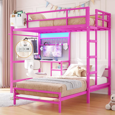 DICTAC Bunk Bed with Desk and Charging Station Metal Loft Bed Twin Size with Led Lights & Storage Shelves and Drawers L-Shaped Twin Over Twin Size Bunk Bed for Teen,Safety Guardrail and Ladder,Pink