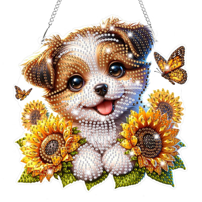 Bowetile Dog Diamond Art Hanging Kits for Adults Kids, 5D Special Shape Diamond Painting Sunflowers Pendant Kits, Animal Gem Art Suncatchers Painting Window Ornament for Home Garden Wall Decor