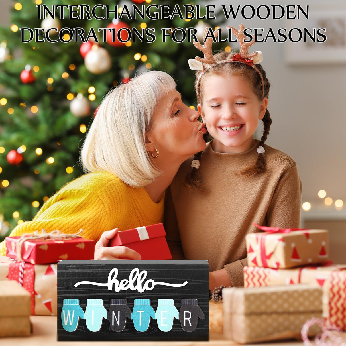 Roowest 5 Pcs Hello Fall Sign Interchangeable Seasonal Sign Spring Summer Winter Tiered Tray Decor 5.9 x 3 Inch Wooden 4 Seasons Farmhouse Table Centerpiece Decoration for Home Shelf Office(Basic) Roowest