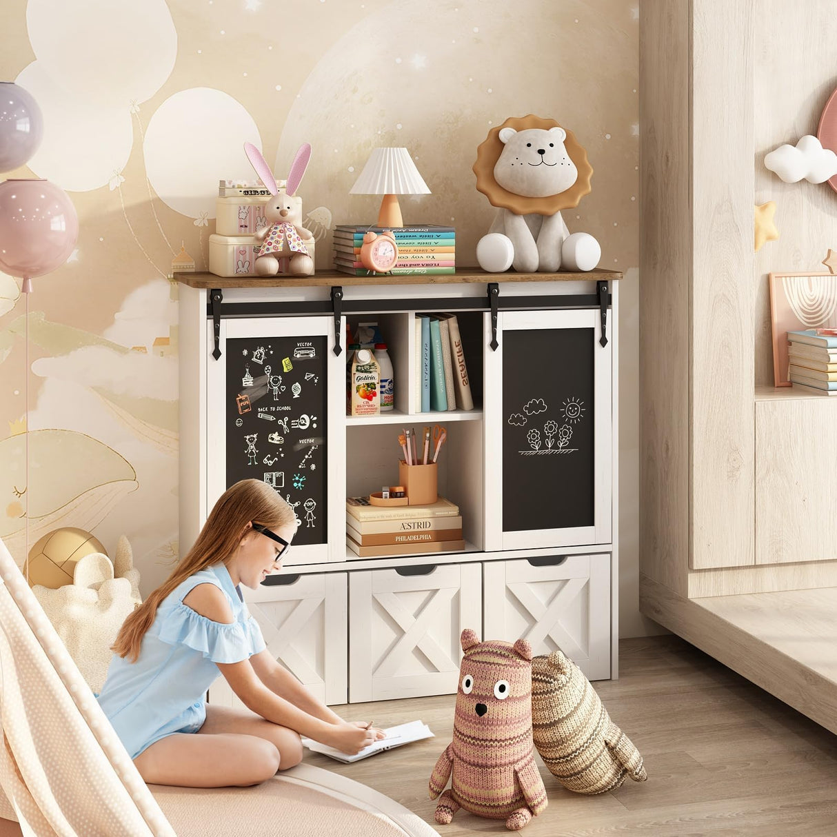 Vabches Toy Storage Organizer with Sliding Blackboard, Kids Bookshelf and Bookcase with 3 Movable Drawers & 5 Storage Cubbies, Multifunctional Storage Cabinet Toy Chest for Playroom,Nursery, Kids Room Vabches