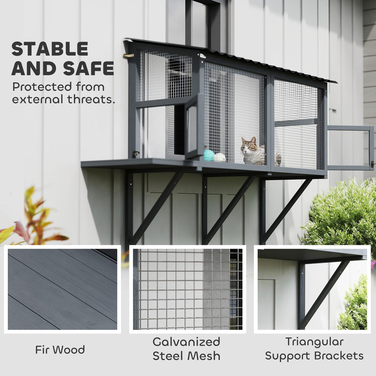 PawHut Cat Catio, Catio Outdoor Cat Enclosure for Multiple Kittens with Wooden Window Box, Jumping Platform for Safely Enjoying Outdoor Sights, Sunbathing, Napping, Playing, Gray PawHut