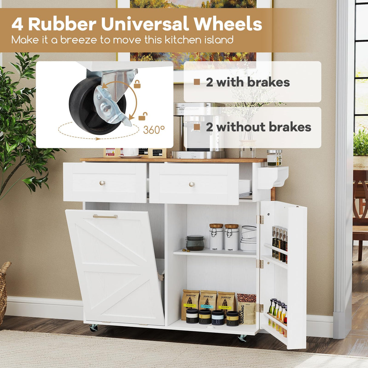 GOFLAME Kitchen Island Cart with Drop Leaf, Rolling Kitchen Cart on Wheels with Tilt Out Trash Can Cabinet, 2 Drawers, Storage Cabinet, Towel Rack & Spice Rack, Mobile Serving Trolley Cart, White GOFLAME