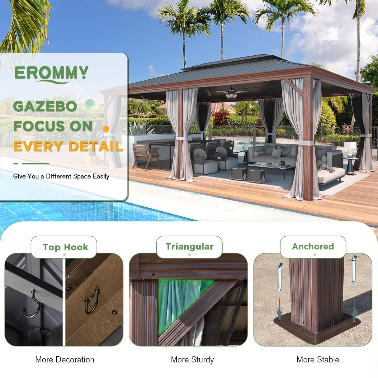 EROMMY 14' x 20' Hardtop Gazebo, Wooden Finish Coated Aluminum Frame Canopy with Double Galvanized Steel Roof, Outdoor Permanent Metal Pavilion with Curtains and Nettings for Patio,Garden, Backyard EROMMY