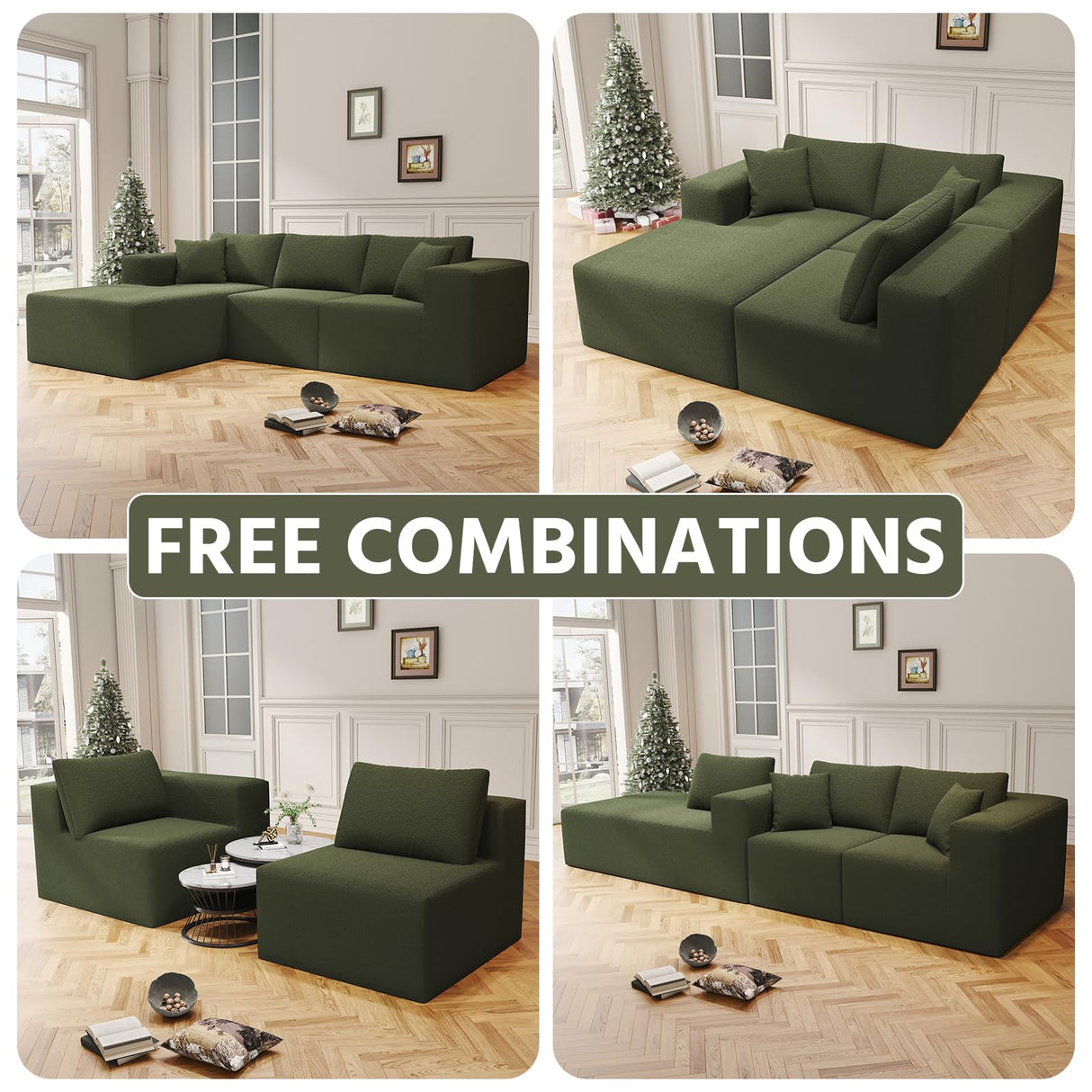 108" Cloud Sectional Couch with L-Shape Chaise,4 Seat Modern Modular Sofa with Deep Seat, Upholstered Couches for Living Room Bedroom, Sectional Boneless Couch (Green, 108"+Left Facing Chaise) SYFERLORY