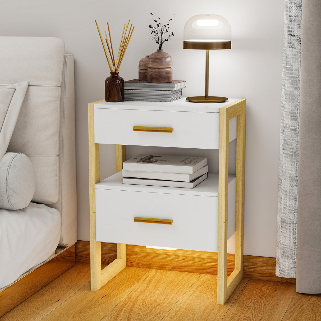 Edospaen Solid Wood Nightstand Night Stand with Motion Sensor Night Light & Storage Drawer, Wooden Bedside Table End Table Sofa Side Table Edospaen