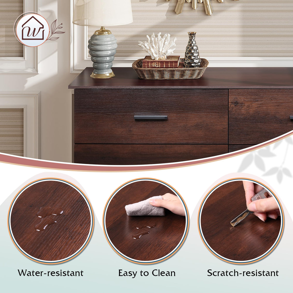 WLIVE Wood Dresser for Bedroom, Wide Chest of Drawers with 6 Drawers, Large Brown Storage Tower Unit, Modern Minimalist Closet Store Organizer for Living Room, Hallway WLIVE