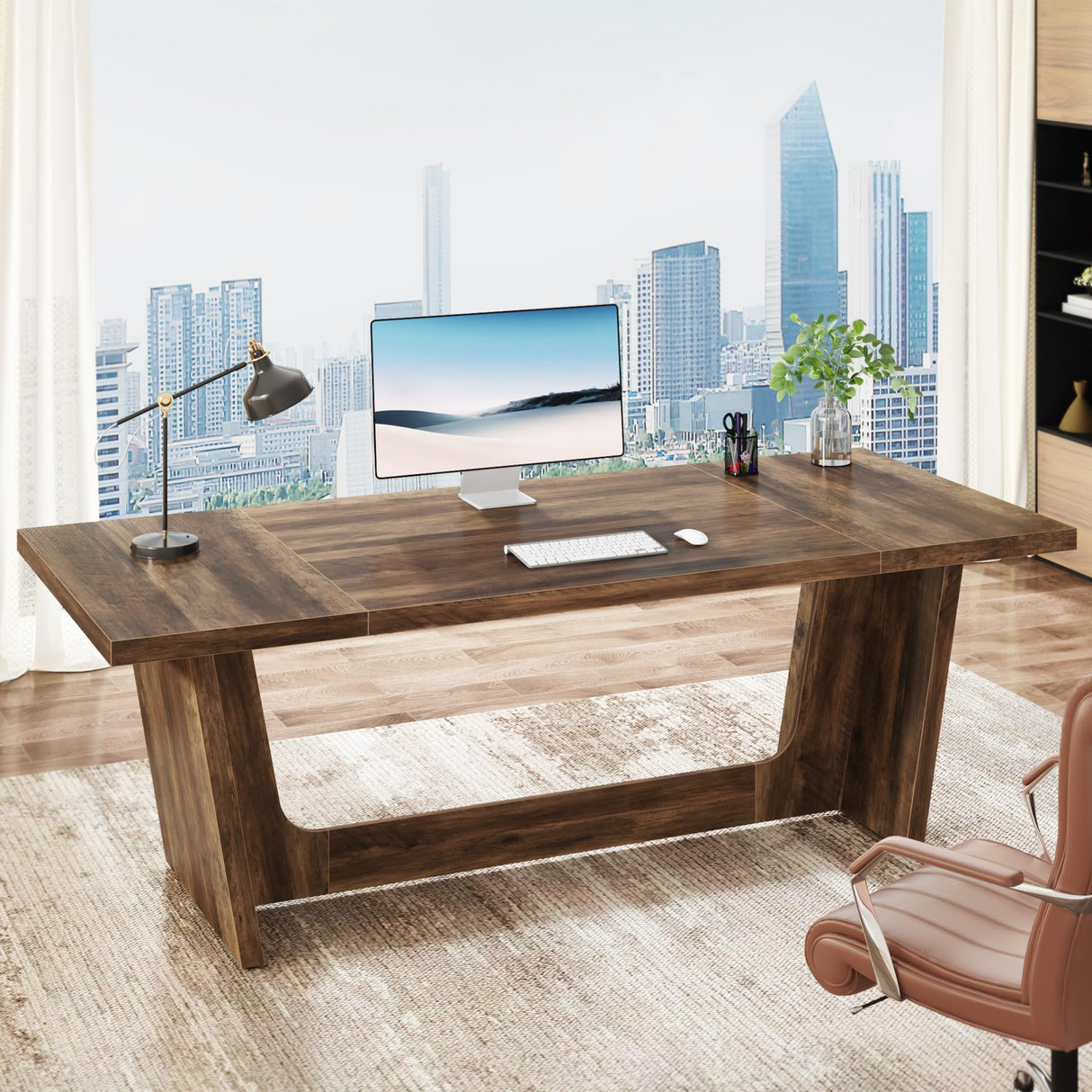 Tribesigns 70.87-Inch Executive Computer Desk: Large Home Office Desk with Solid Wooden Pedestal, Industrial Wood Study Writing Table, Workstation Business Furniture, Brown Tribesigns