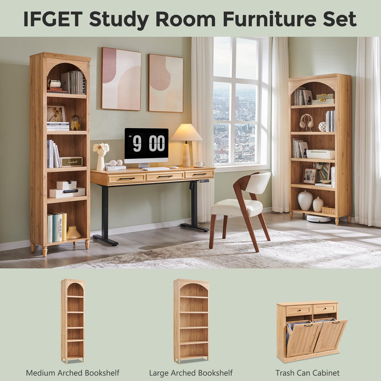 IFGET 76" Tall Arched Bookcase, Farmhouse 5 Tiers Large Arched Bookshelf Cabinet with Adjustable Shelves, Modern Wooden Book Shelf w/Storage and Open Display Shelves for Living Room, Office-Natural IFGET