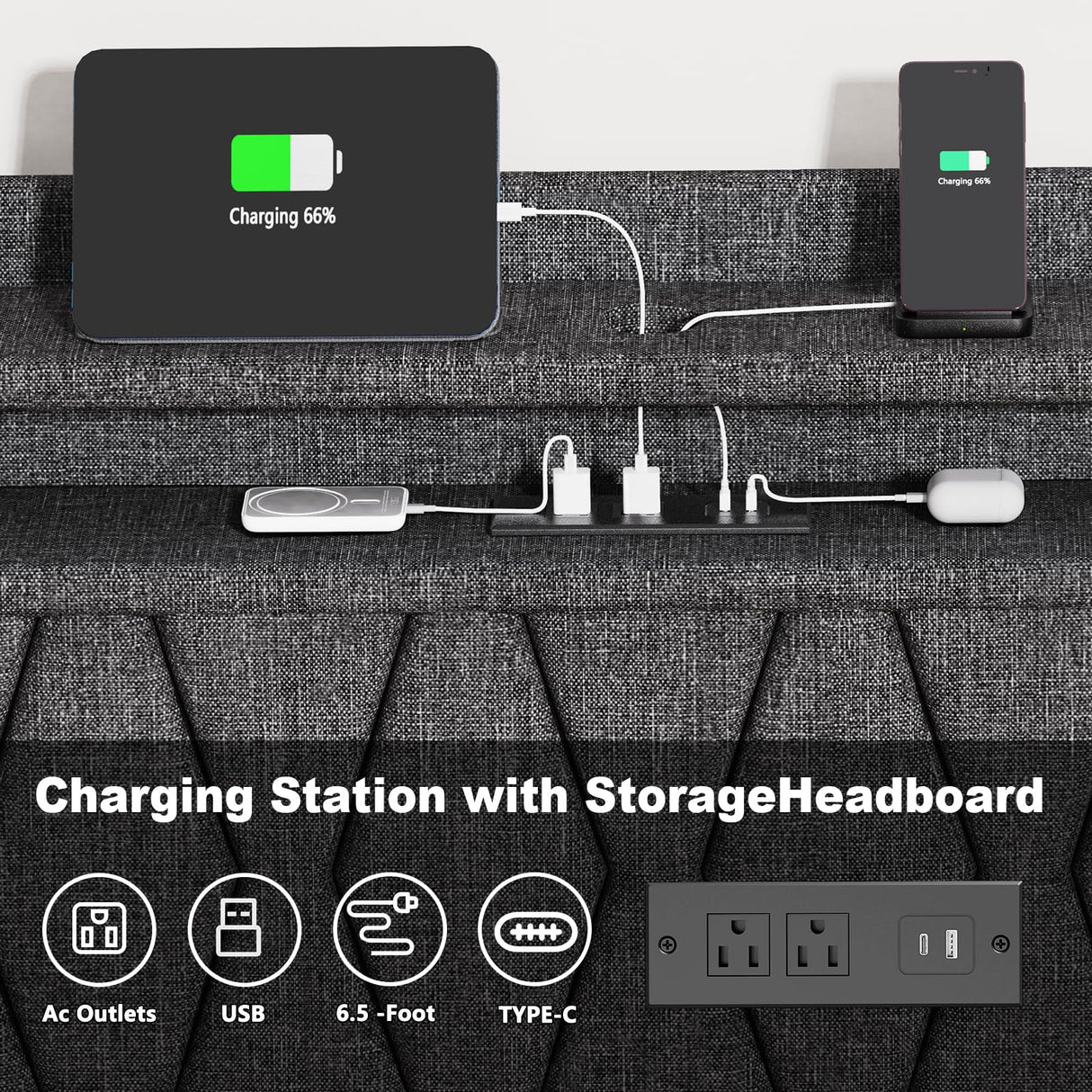 King Size Bed Frame and 2-Tier Headboard, Upholstered Led Bed Frame with 4 Storage Drawers, Led Light and Charging Station, Wooden Slats Support, No Box Spring Needed, NO Noise, Easy Assembly EasyCom