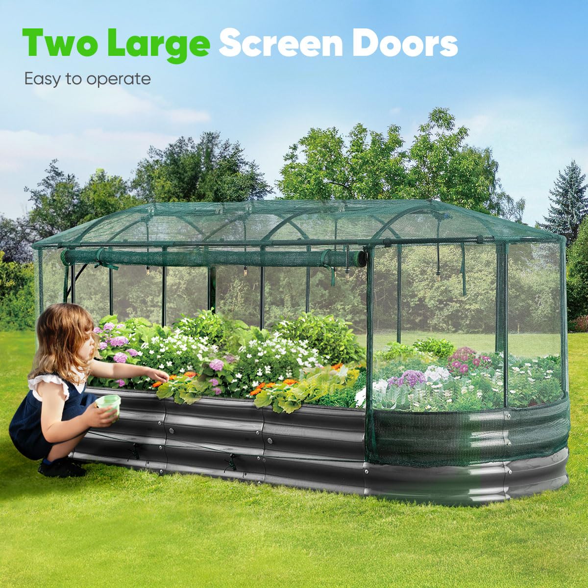 Quictent Galvanized Raised Garden Bed Kit with Self Watering System and Mesh Cover, Large Oval Metal Outdoor Planter Garden Boxes for Vegetables Herbs Flowers, 8x3x1Ft Quictent