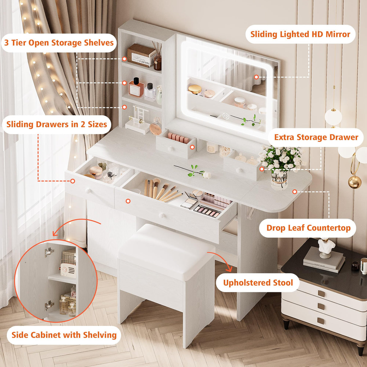 LIKIMIO Vanity Desk with Drawers & LED Lighted Mirror & Power Outlet & Cabinet, Storage Stool, Stylish Bedroom Makeup Table Set, White LIKIMIO