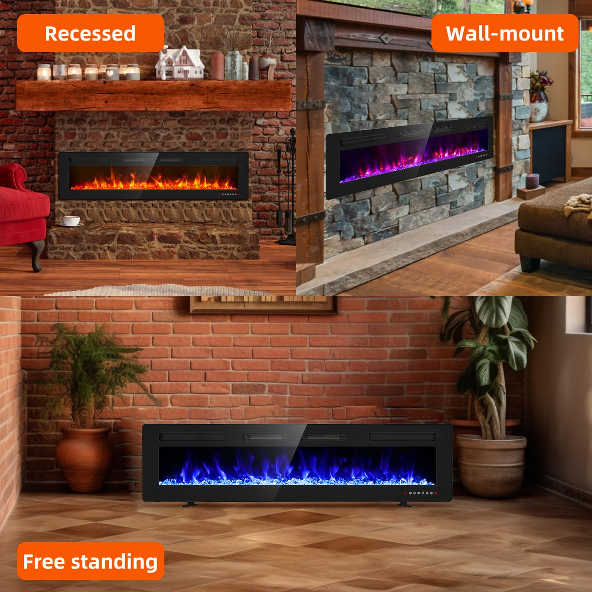 Kucreiheat 72 inch Electric Fireplace Wall Mount/Recessed/Free Standing-Ultra Thin Wall Fireplace Electric with Remote Control, Timer, 12 Flame Colors, Double Heat Vent, 750w/1500w Kucreiheat