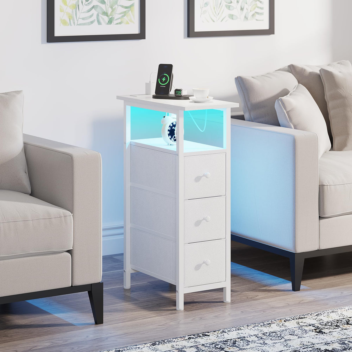 TRIFEBLE End Table with Charging Station, Narrow Side Table with 3 Fabric Drawers, Skinny Nightstand with LED Light, Slim Bedside Table for Bedroom, Living Room, Small Spaces, White TRIFEBLE