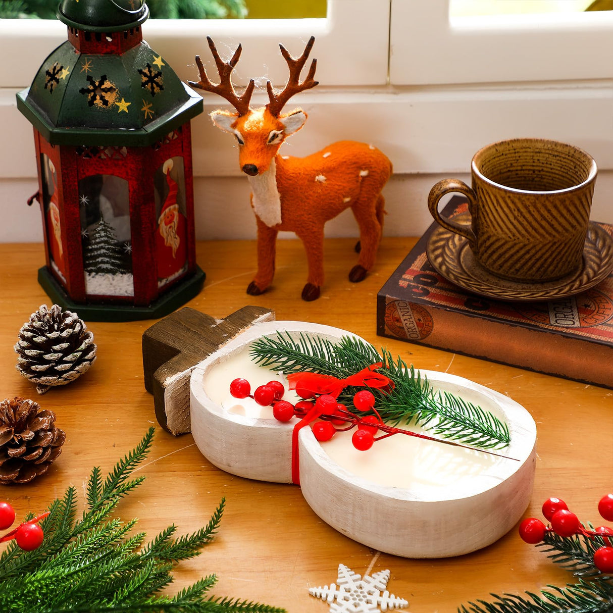 Conelist Wooden Dough Bowl Candles Christmas Candle Gifts Wooden Bowl Candle Farmhouse Bowl Candles for Wedding Birthday Christmas Gift Table Centerpiece Decor (Snowman, White) Conelist