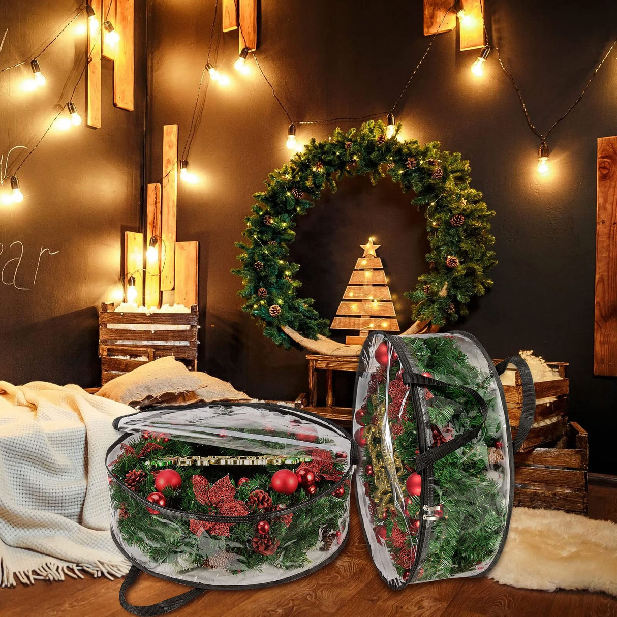 4 PCS Clear Wreath Storage Bag, 24x8 Inch Christmas Wreath Storage Container, Heavy Duty PVC Wreath Protector with Handle for Xmas Holiday Seasonal Wreath Garland (Black) EATHEATY