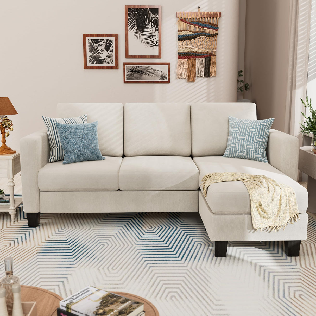 YESHOMY Convertible Sectional 3 L-Shaped Couch Soft Seat with Modern Linen Fabric, Small Space Sofas for Living Room, Apartment and Office, 70'', White YESHOMY