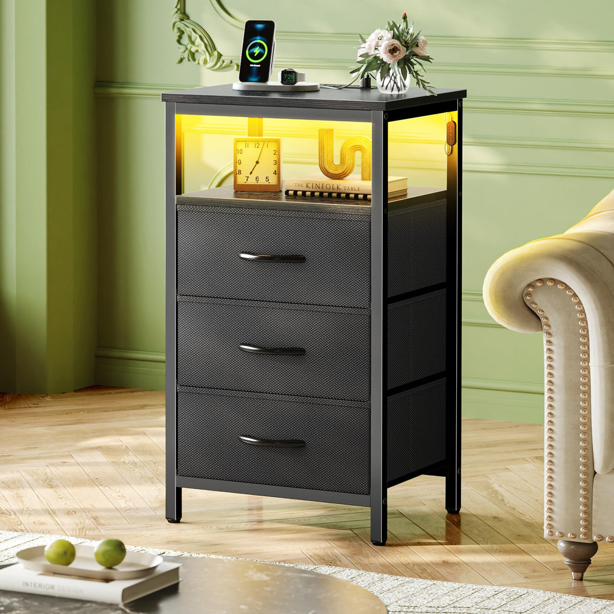 Huuger Night Stand with Charger Station and LED Lights, 3 Drawer Nightstand, Bed Side Table with Open Shelf, End Table, Tall Fabric Dresser for Bedroom, Black Huuger