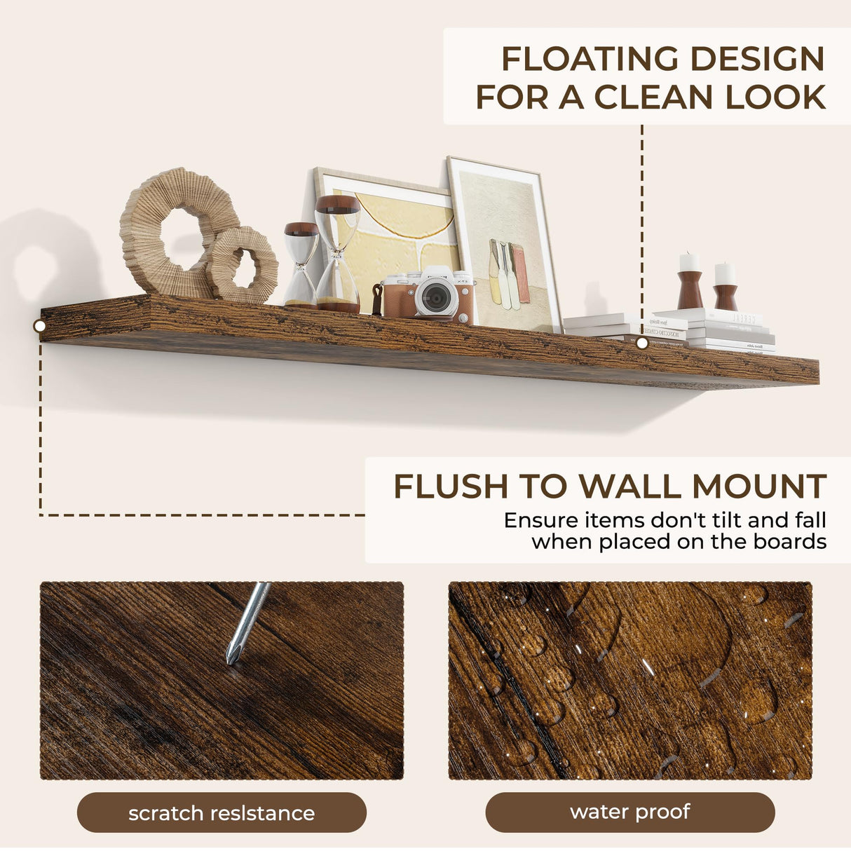 RICHFOCUS 72Inch Floating Shelves for Wall 2 Pack Shelves for Bedroom|Kitchen|Bathroom Wall Mounted Rustic Wood Floating Shelf with Invisible Brackets for Books|Storage|Decor, Rustic Brown RICHFOCUS