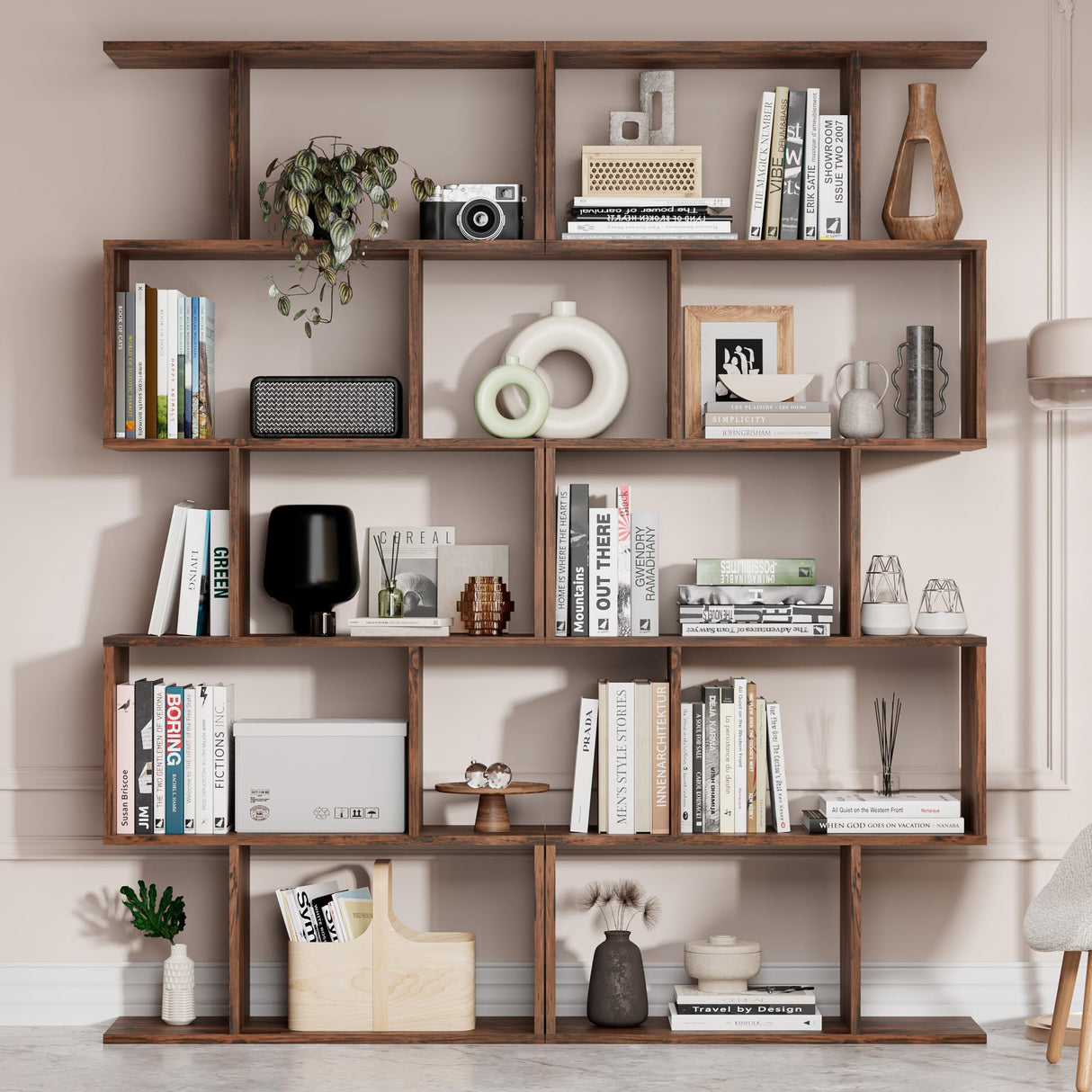 Cozy Castle Set of 2 Geometric Bookcase, S-Shaped Modern Bookshelf, Room Divider Bookshelf, 62" Tall Unique Abstract Bookcase with 5-Tier Display Shelf for Living Room Office, Rustic Brown Cozy Castle