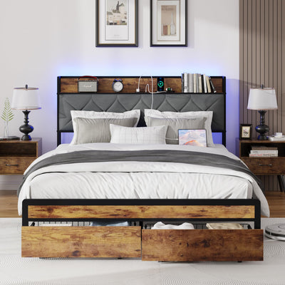 LUBEDCY Full Size Metal Platform Bed Frame with Velvet Button-Tufted Headboard, 2 Storage Drawers, LED Light & USB Charging Port, Heavy Duty, Brown Wooden Panel, No Box Spring Needed (Brown, Full)