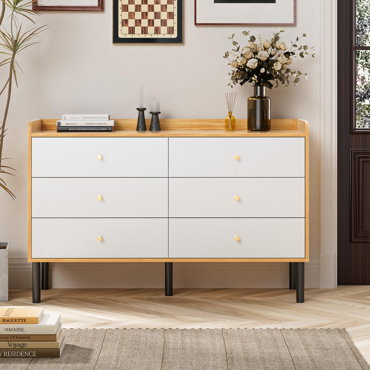 LYNSOM Dresser for Bedroom, 6 Drawer Natural Wood Dresser with Wide Drawer and Metal Handles, Modern Dressers & Chests of Drawers for Hallway Entryway LYNSOM
