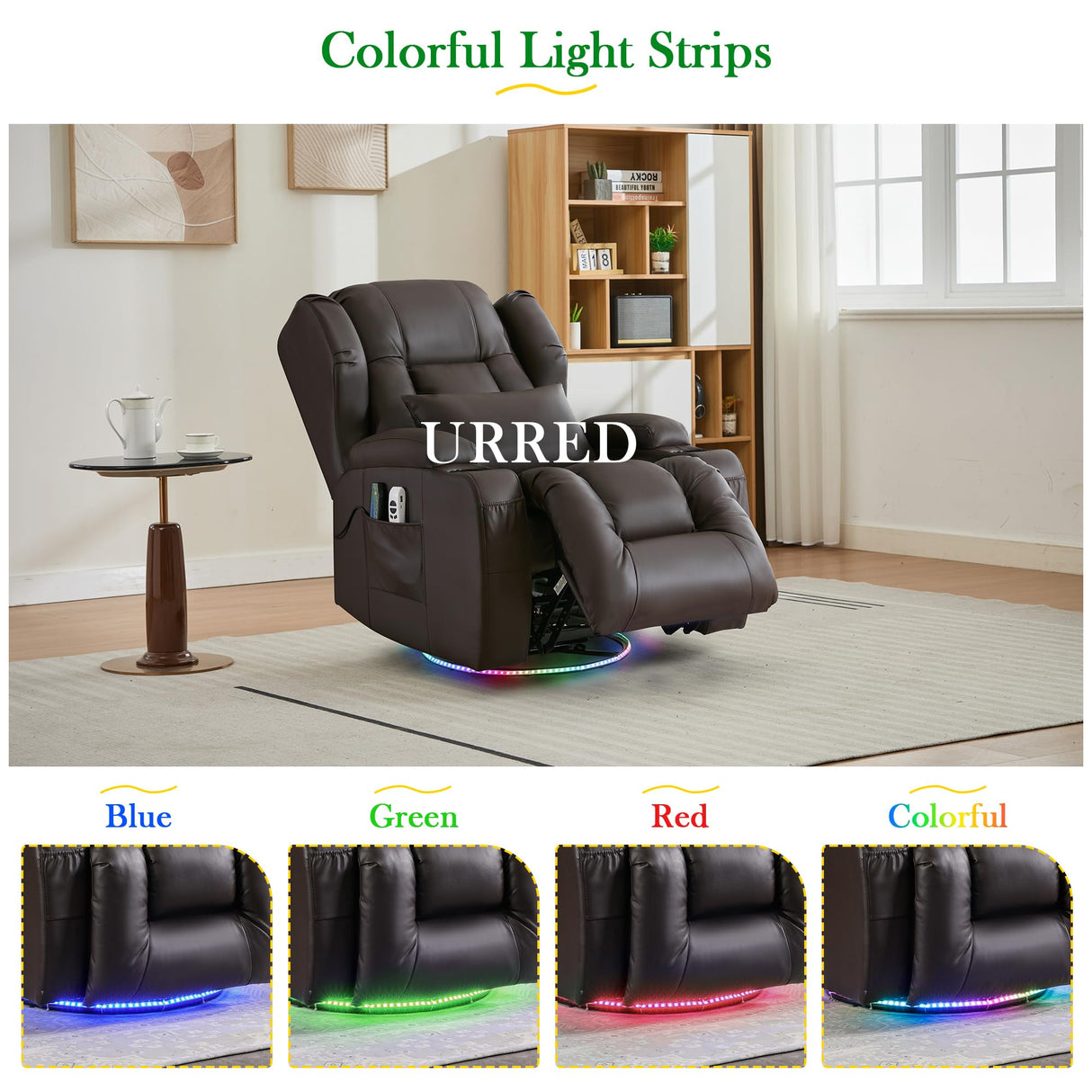 URRED Rocker Recliner Chair for Adults with Vibrating Massage and Heat, 270° Swivel Glider Rocking Chair Nursery Power Reclining Sofa with Ambient Lighting, Cup Holders, Faux Leather, Dark Brown URRED