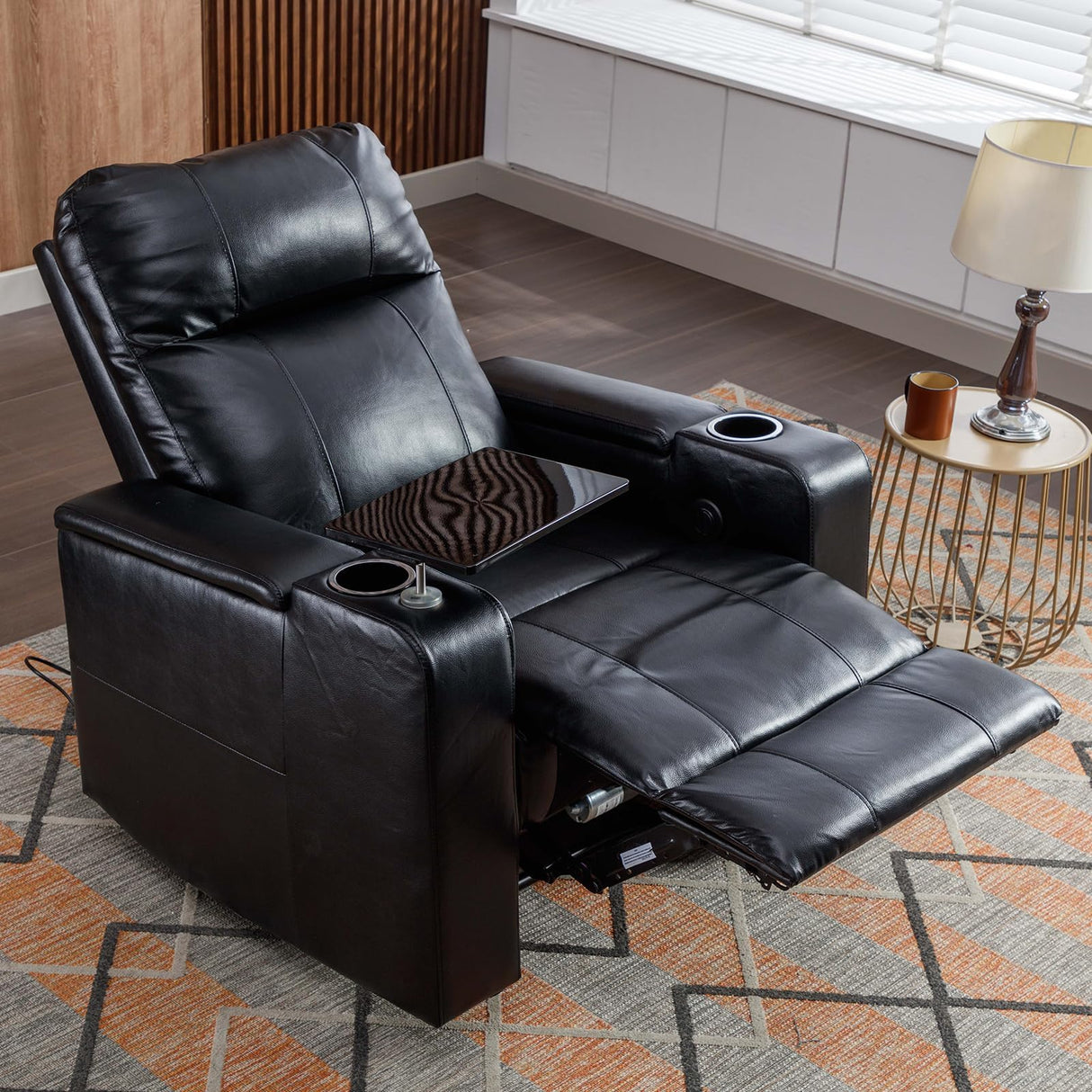 ANJ Power Recliner Chair with USB Ports, Faux Leather Home Theater Seating with Swivel Tray Table, Electric Movie Reclining Chairs with Cup Holders, Hidden Arm Storage (Black) ANJ
