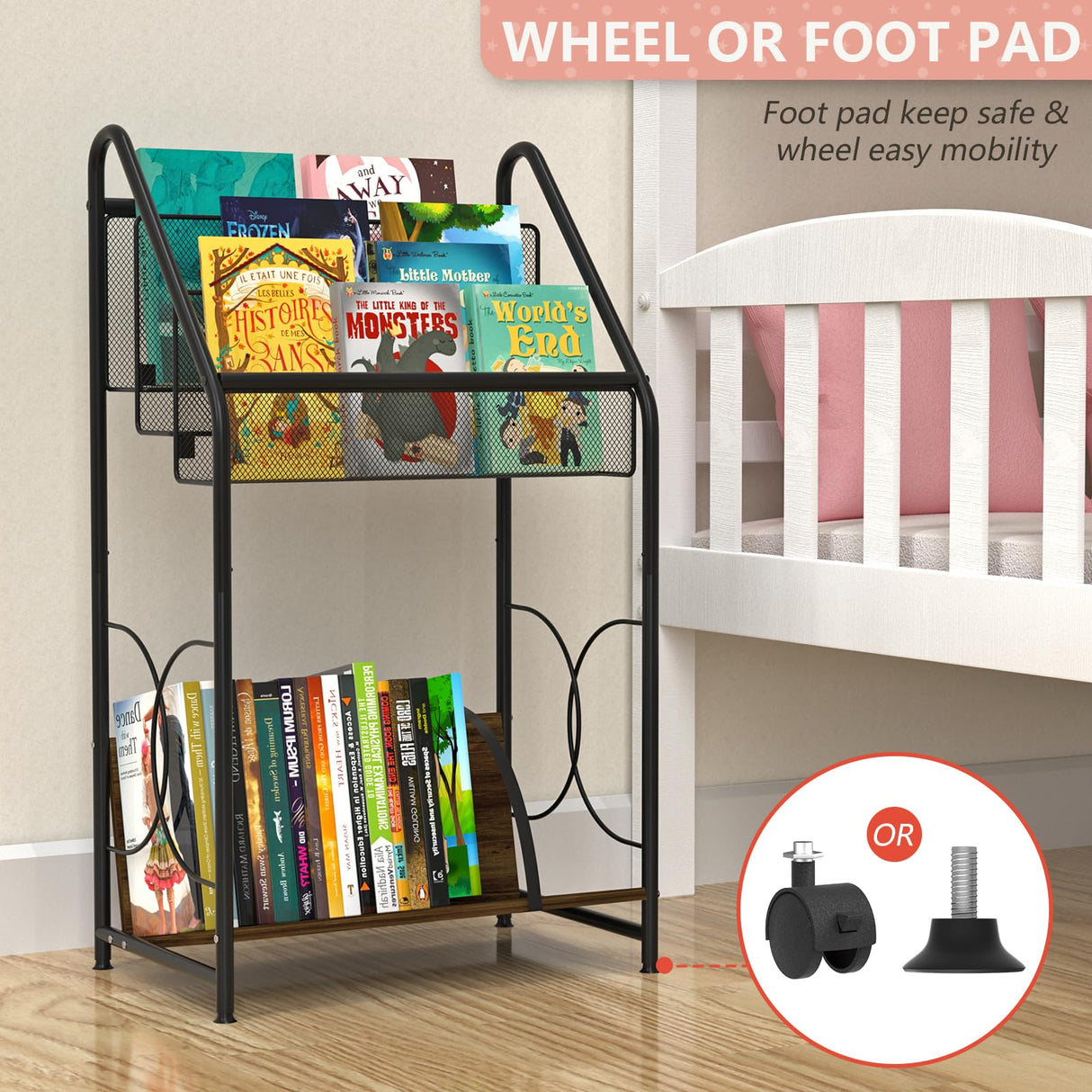 VyGrow Bookshelf, 4-Tier Metal & Wood Rolling Book Cart on Wheels, Record Cabinet for Book Magazine Turntable, Record Holder Up to 100 Albums, Multifunction Utility Cart, Black VyGrow