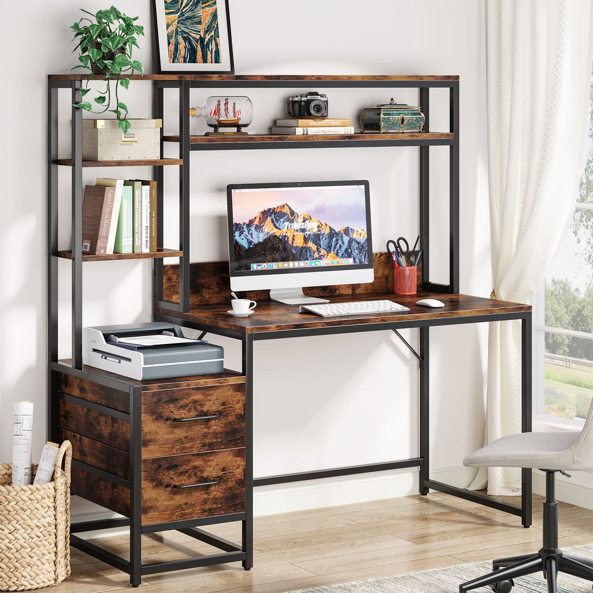Tribesigns 55 Inch Computer Desk with 2 Drawers and Storage Shelves, Rustic Office Desk with Hutch, Study Writing Gaming Table Laptop Workstation for Home Office (Brown) Tribesigns