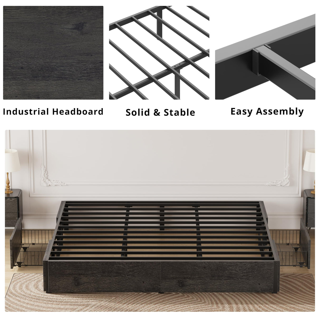 LIKIMIO King Bed Frame with Storage, 4 Drawers and Heavy Strong Metal Support Frames, Solid Stable, Noise-Free, No Box Spring Needed, Easy Assembly, Charcoal Grey LIKIMIO