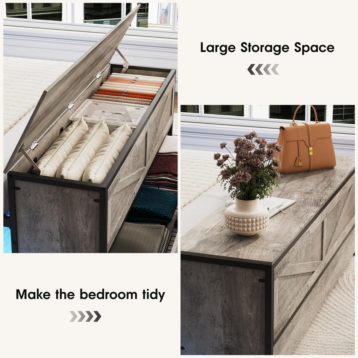 Fameill Queen Size Bed Frame with Storage Ottoman and 2 Drawers, Farmhouse Metal Platform Bed with Headboard, LED Lights and Charging Station, No Box Spring Needed, Noise Free, Gray Fameill