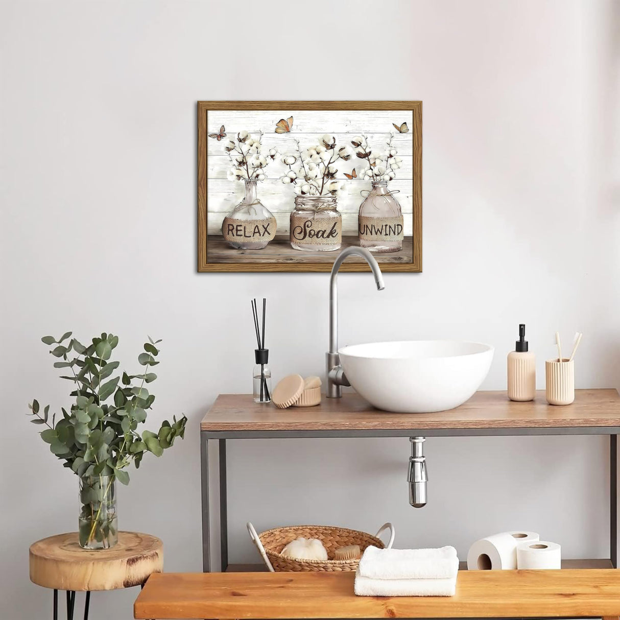 Farmhouse Bathroom Decor Wall Art, Framed Rustic Cotton Pictures Canvas Wall Decor Painting, Modern Country Relax Soak Unwind Sign Artwork Posters Prints for Bathroom 12x16In Dark Wood Frame fancynew