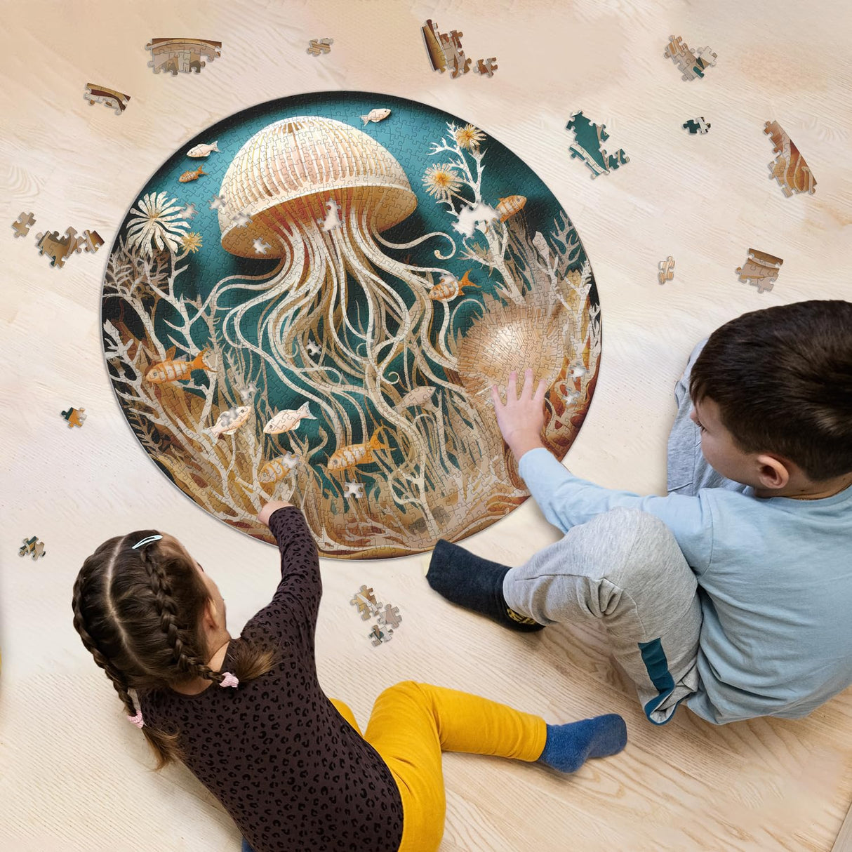 Ocean Jellyfish Puzzles for Adults 1000 Pieces, Impossible Deep Blue Sea Fish Jigsaw Puzzles, Round Jellyfish Paper Art Challenging Puzzle as Wall Decor PPuzzling