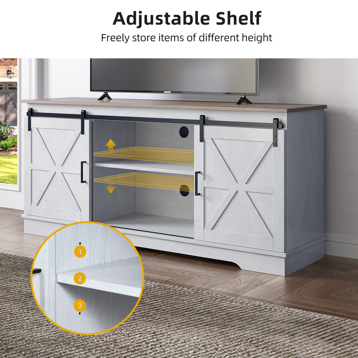 DWVO TV Stand for TVs up to 65 Inch, Farmhouse Entertainment Center with Storage Cabinets and Sliding Barn Doors, Rustic Media TV Console Table for Living Room, Grey White/Grey Wash DWVO