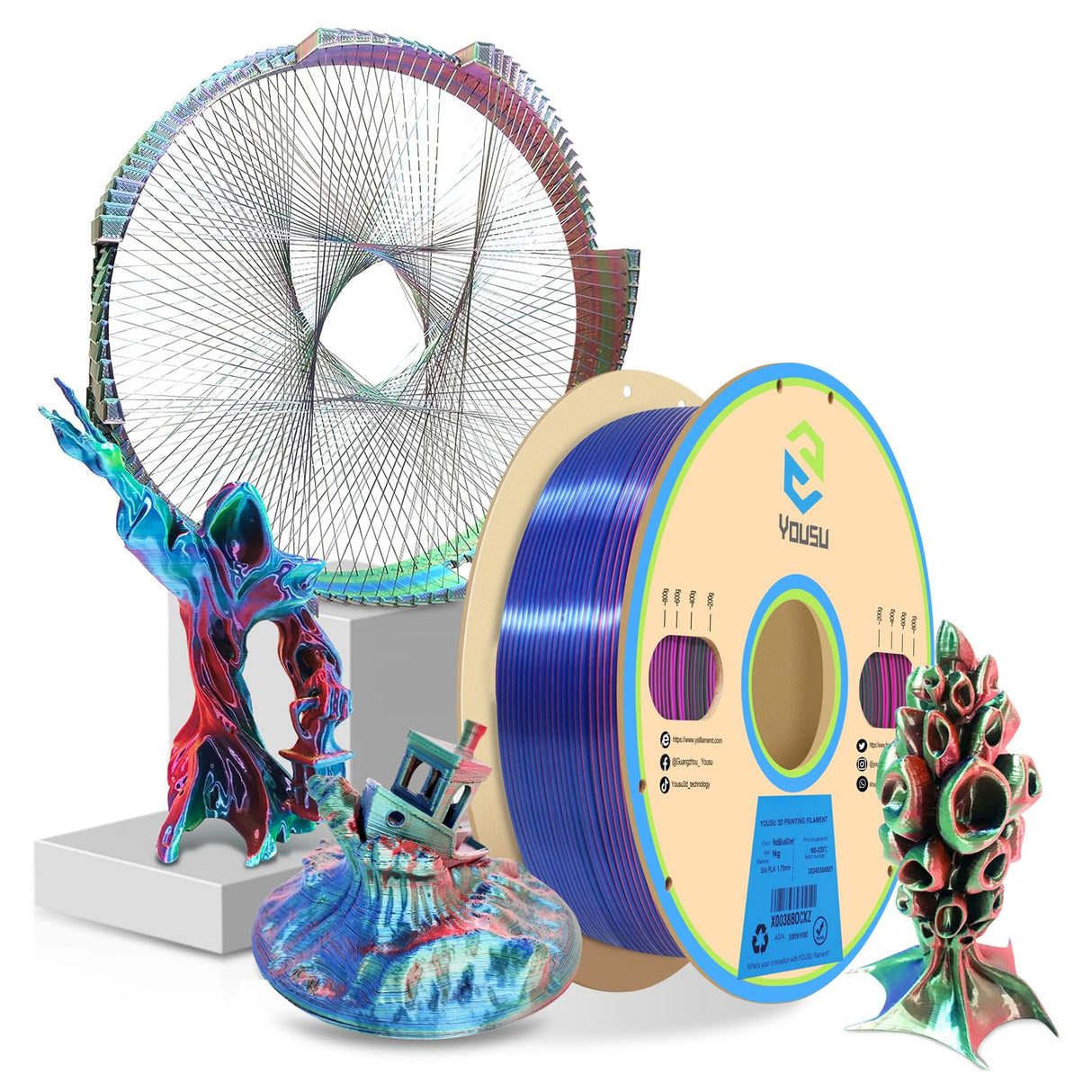 YOUSU 3D Printer Filament Triple Color Silk PLA Filament 1.75mm,3D Printing Filament Like Rainbow Filament,1kg/2.2lbs,Silk Red/Blue/Green. Yousu