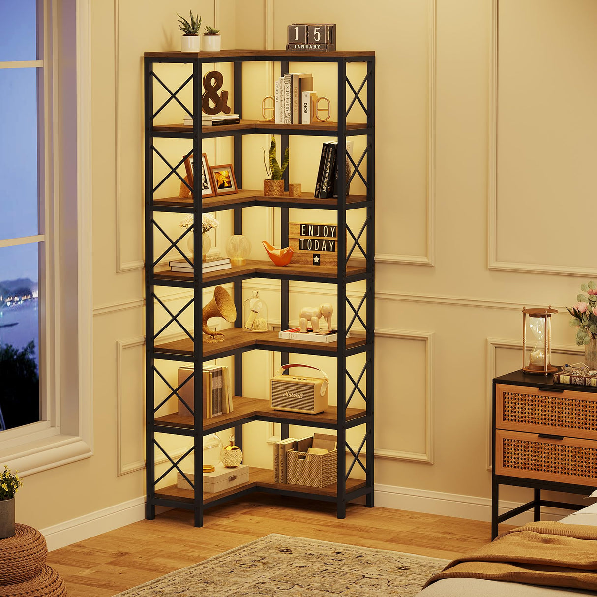 Tribesigns 7-Shelf Corner Bookshelf,Large Modern Corner Bookcase, 7-Tier Tall Corner Shelf Storage Display Rack with Metal Frame for Living Room Home Office (Grey) Tribesigns