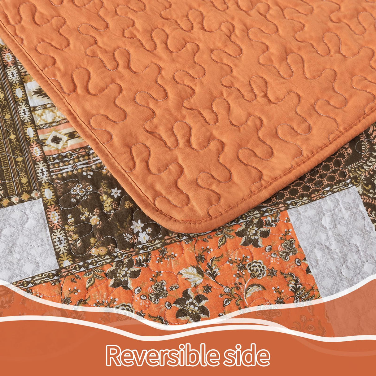 BEDIFANY Farmhouse Cotton Quilts Queen Size for Fall - Lightweight Patchwork Autumn Bedspread Set for Bed Coverlet - Highly-Woven Soft Reversible Bed Spread for All Seasons (Floral Orange) 3 Pieces BEDIFANY