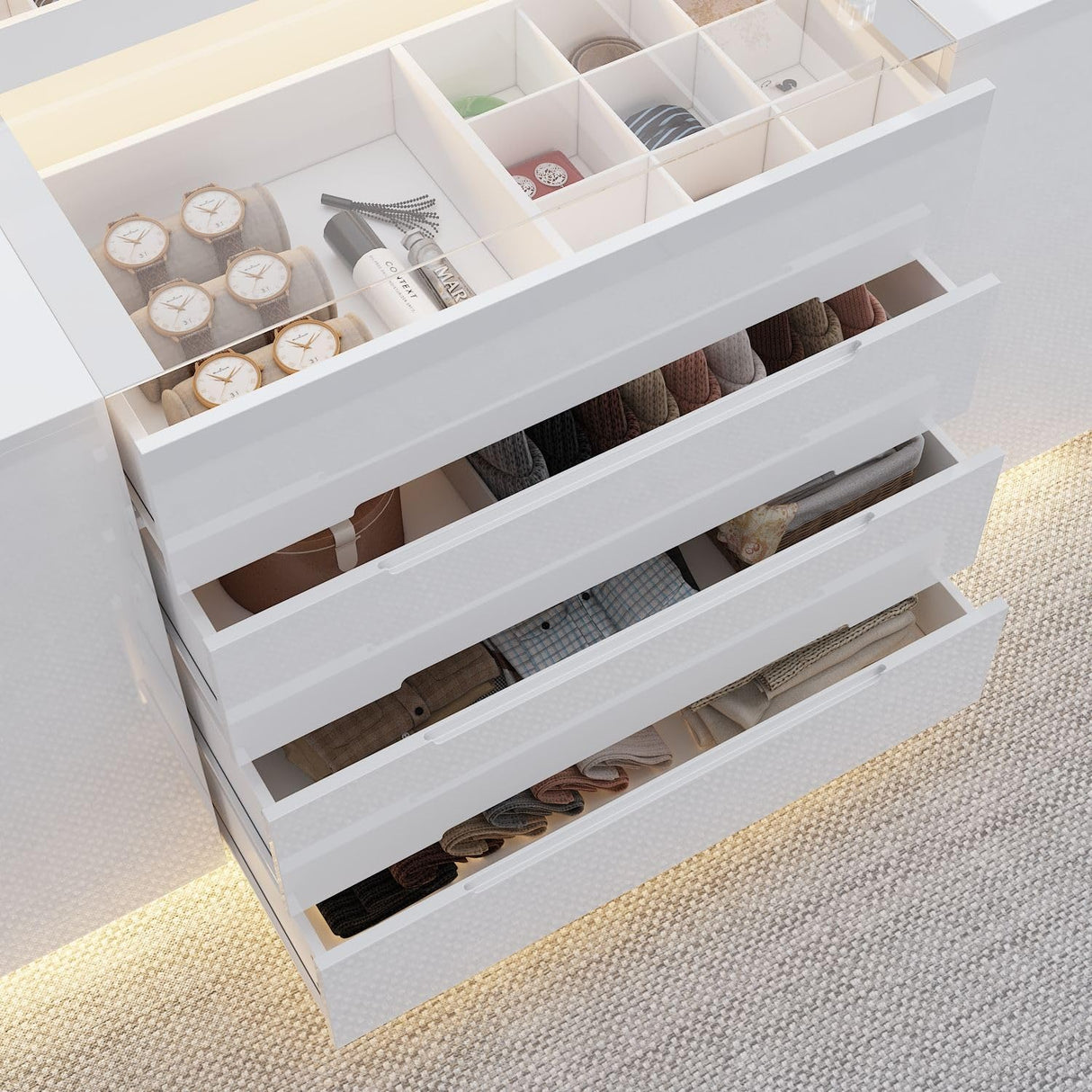 TAMUNE Armoire Bedroom Island Wardrobe Closet Island with 16 Drawers & Glass Tabletop, Island Dresser with Jewelry Organizer, Closet Island for Cloakroom White (63”W x 31.5”D x 31.5”H) TAMUNE