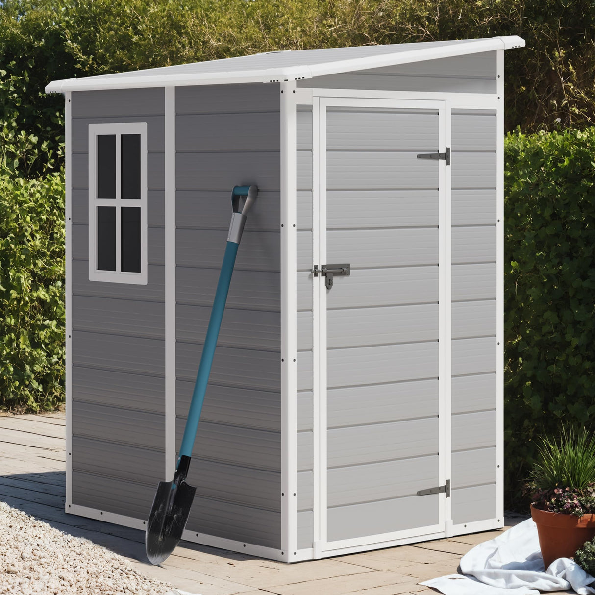Greesum 5' x 4' Resin Weather Resistant Outdoor Storage Shed with Floor for Garden,Backyard,Pool Tool, Light Grey Greesum